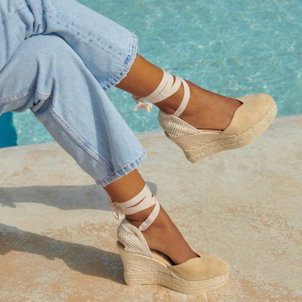 Women's Beige Espadrille Wedge Wrap Sandals